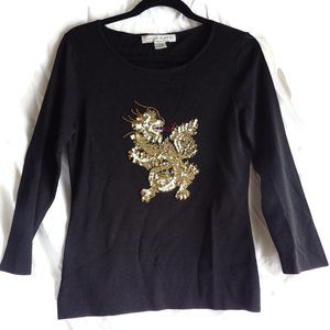 Lucia Burns Black Sweater Embellished Dragon Sequins Size M